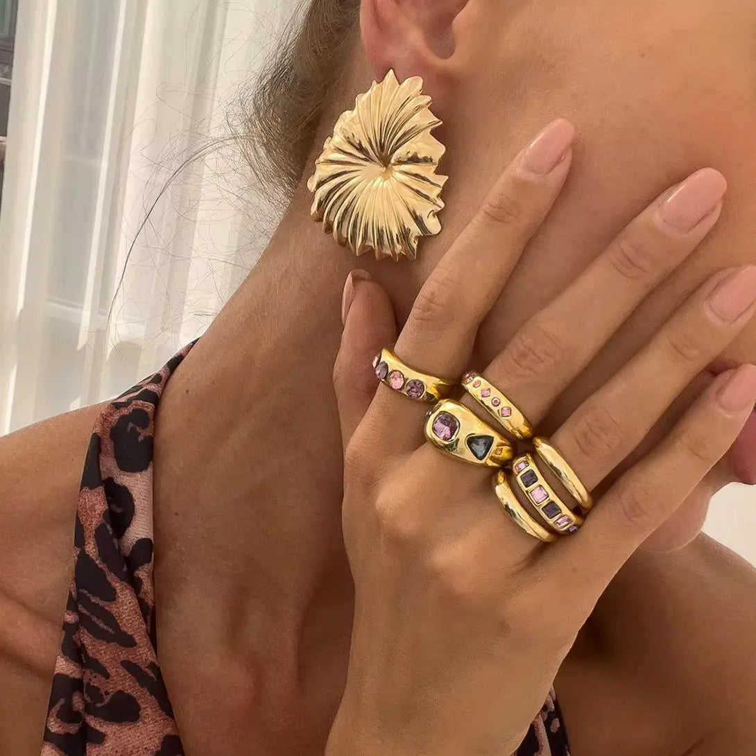 6Pcs Gold Adjustable Ring Daily Wear Jewelry Inlaid Purple Rhinestone Open Ring Set for Women