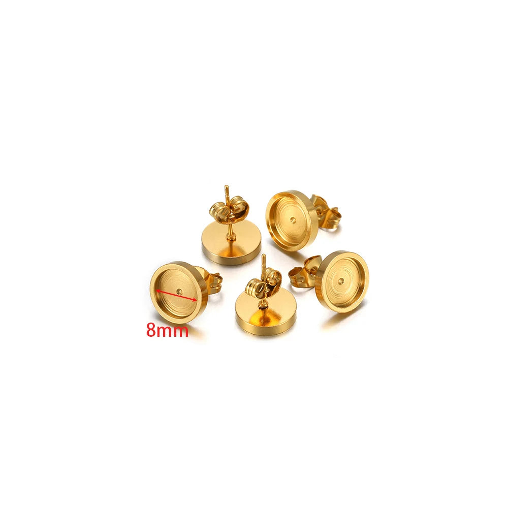 Gold-tone stud earring bases, 8mm flat cabochon settings (20 pcs)