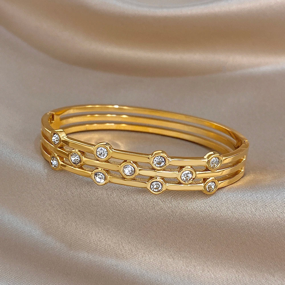 Glossy Zircon Beads Multilayer Wide Bracelets for Women Fashion Gold Plated Stainless Steel Cuff Bangle Waterproof Jewelry