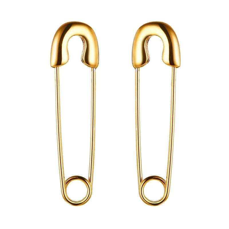 Gold-tone safety pin earrings with rounded clasp tops