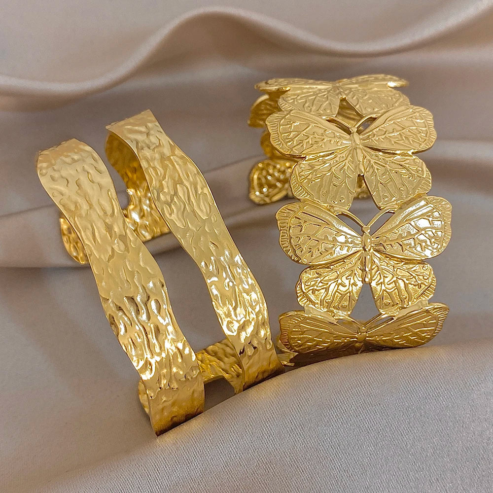 Irregular Hammered Geometric Butterfly Stainless Steel Cuff Bangle Exaggerated Gold Plated Wide Bracelets Waterproof Jewelry Set