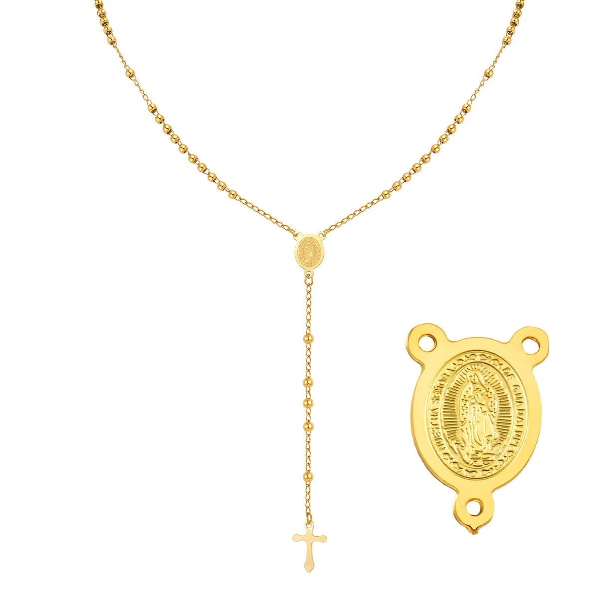 Gold-tone Y-shaped rosary necklace with Virgin Mary medallion and small cross charm