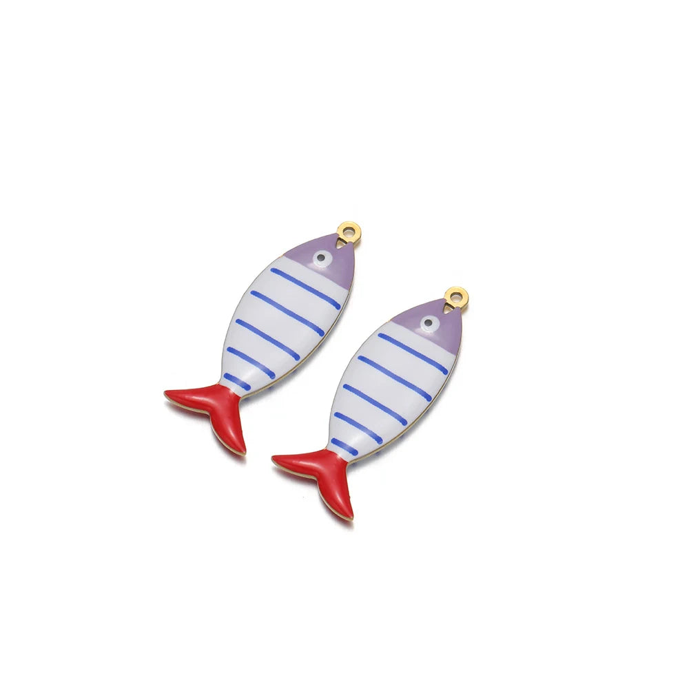 Enamel striped fish pendant charm, lavender body with blue stripes and gold loop