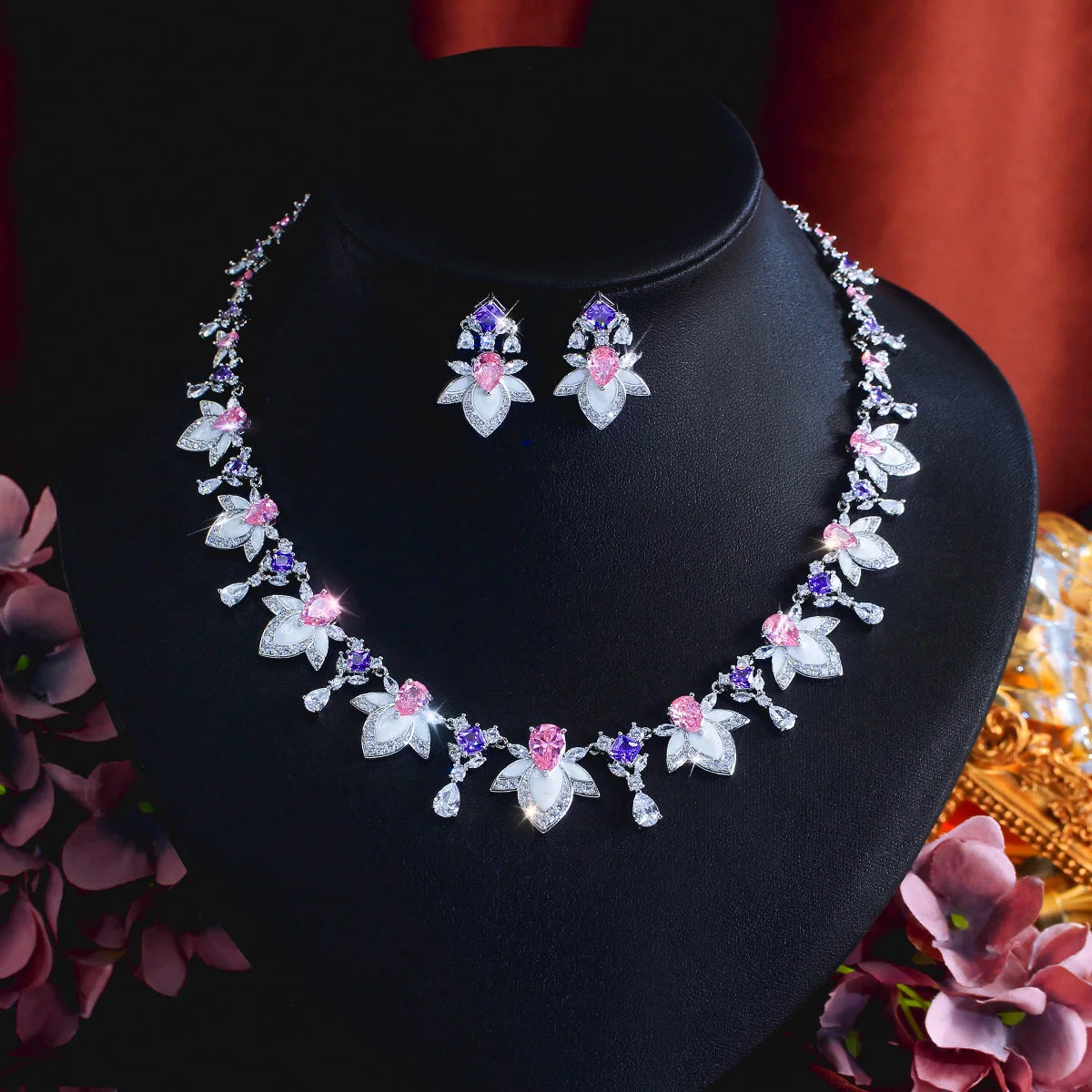 Multicolor cubic zirconia necklace and earrings set, leaf and bow charm pattern in silver tone