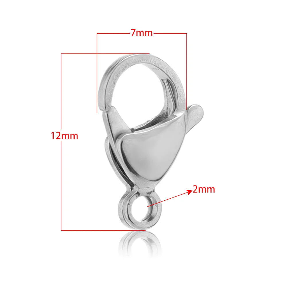 Stainless steel lobster clasp hook, 12mm length, 7mm width, 2mm ring