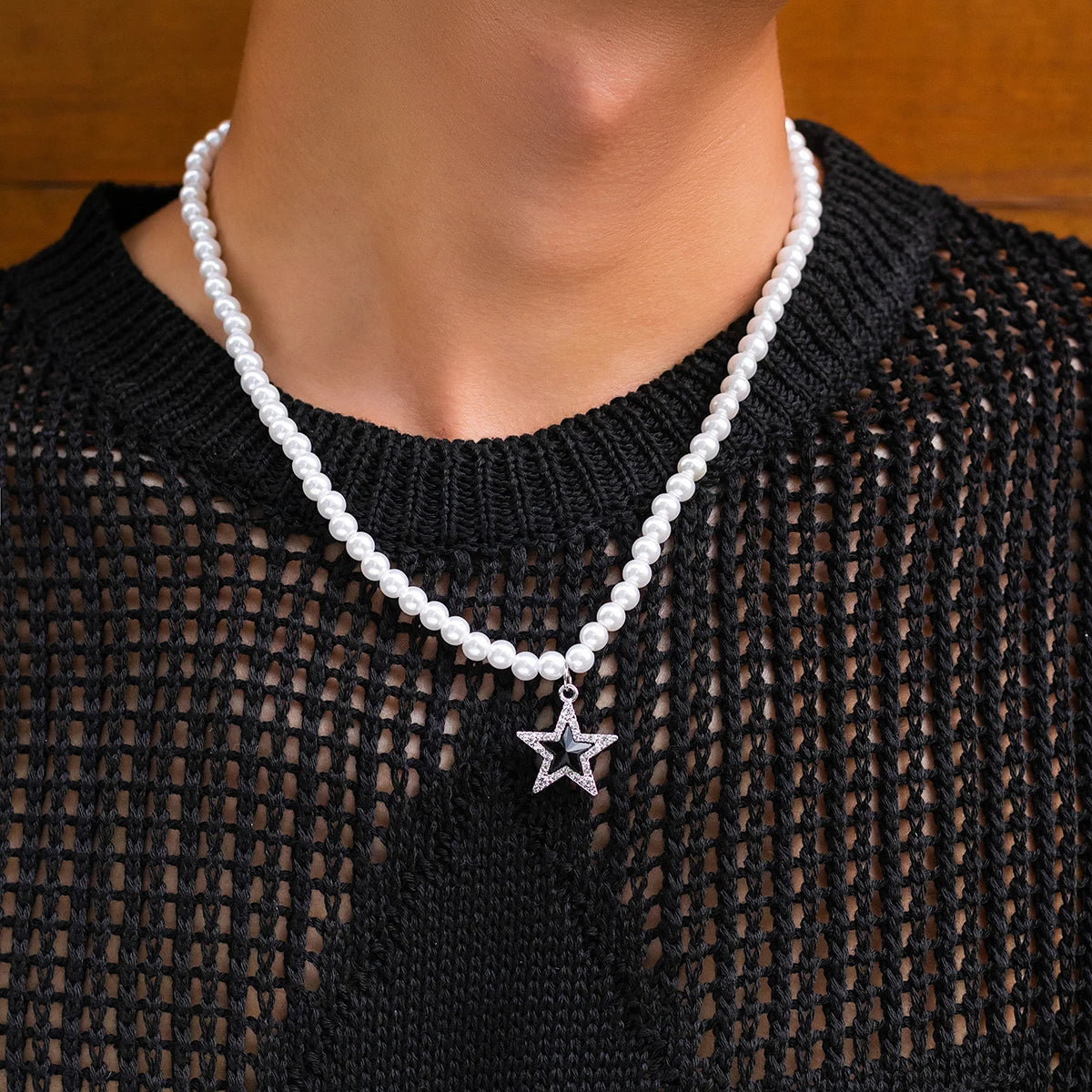 Trendy Beads Choker Necklaces Imitation Pearl with Stars Pendant for Men