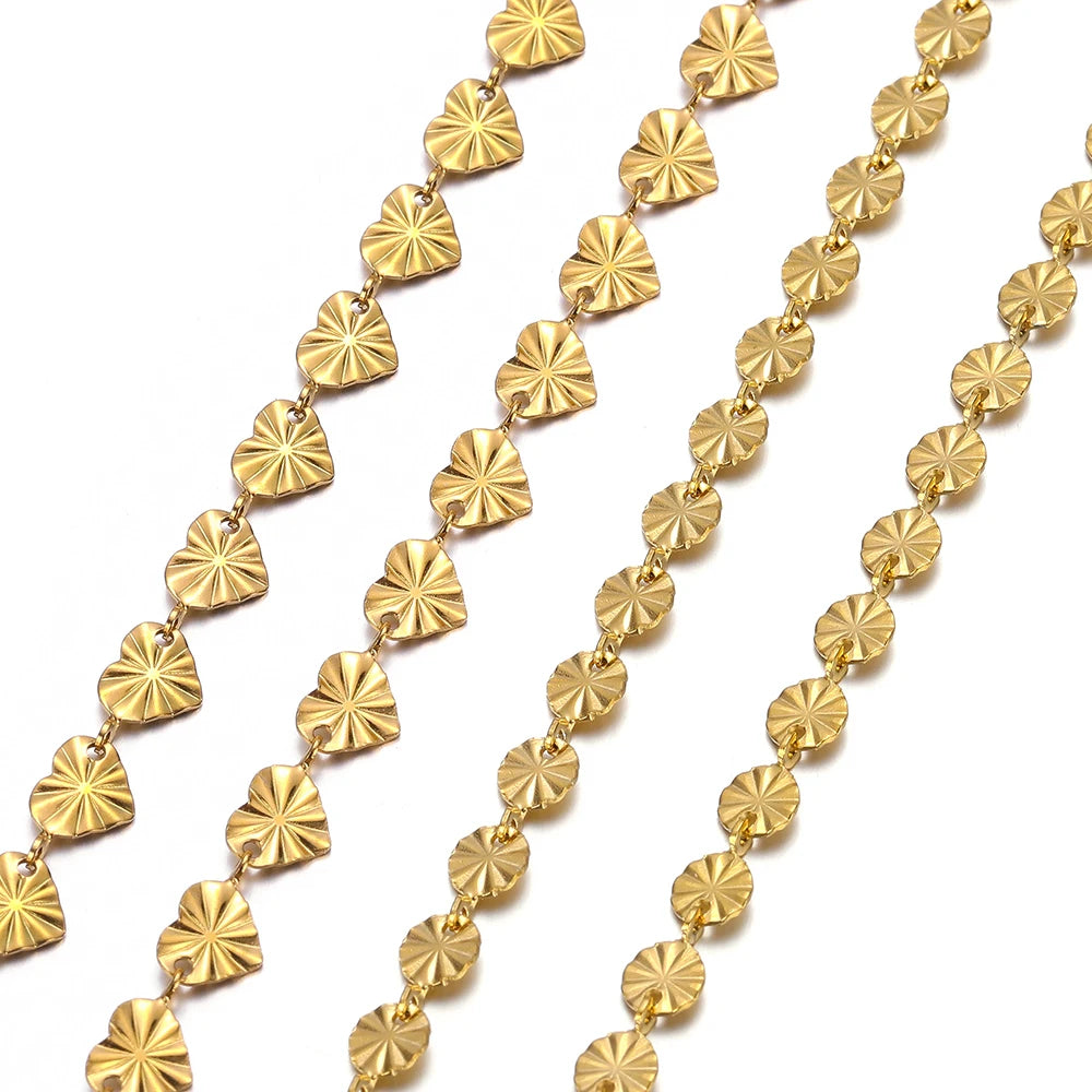 Gold heart-shaped embossed round link chain for DIY necklaces and bracelets