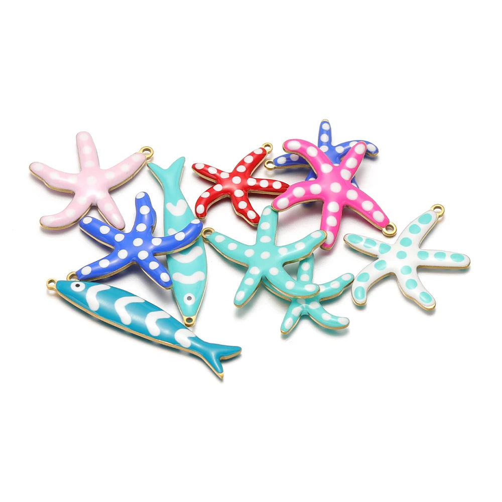 Colorful fish and starfish enamel charms with gold-tone loops, set of 10