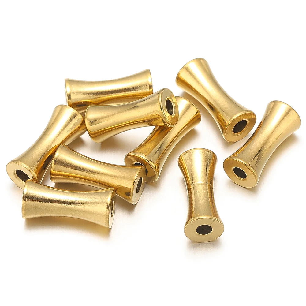 Gold tube spacer beads, curved metal sleeves with open ends and round through-holes