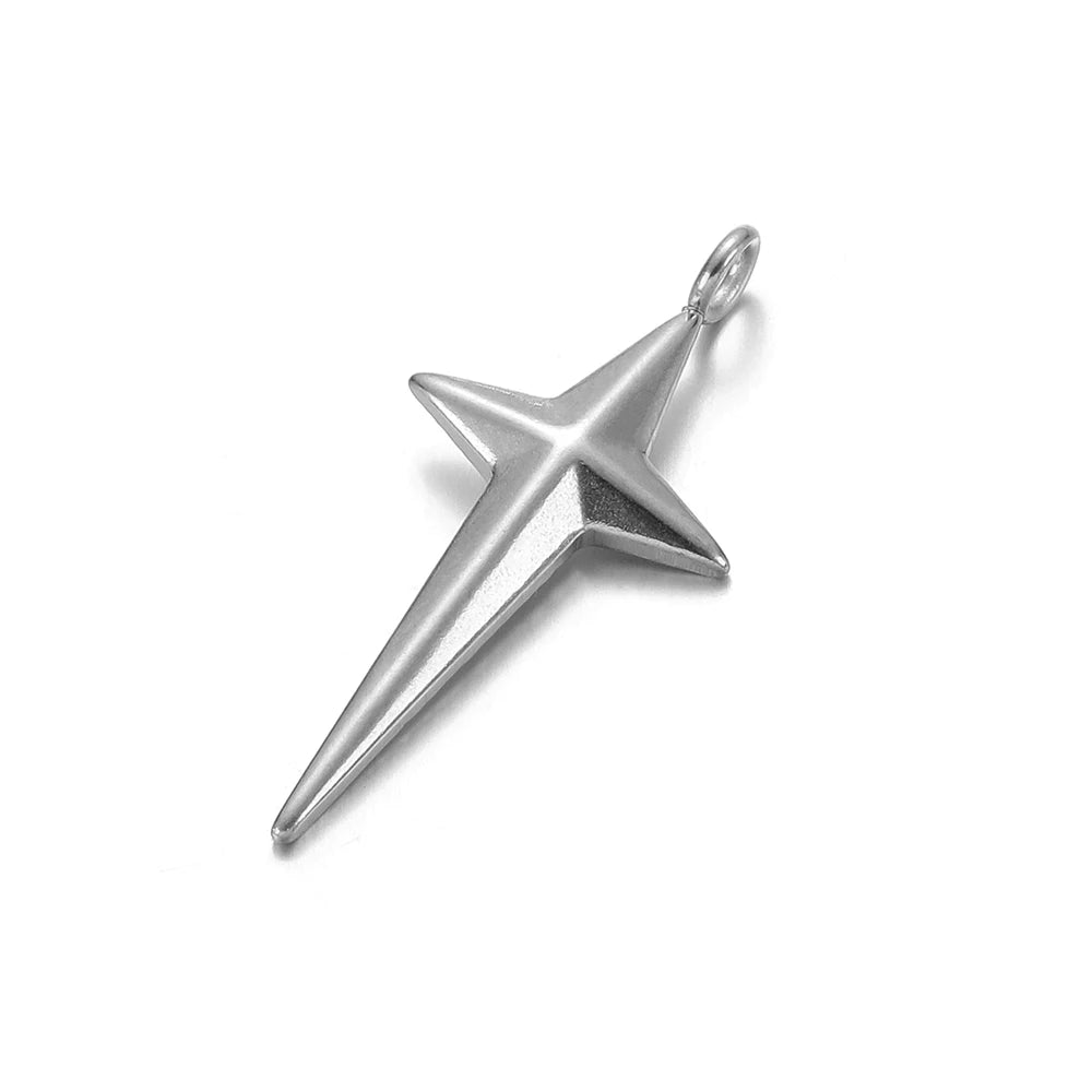 Silver-tone star cross charm with hanging loop, stainless steel, single piece