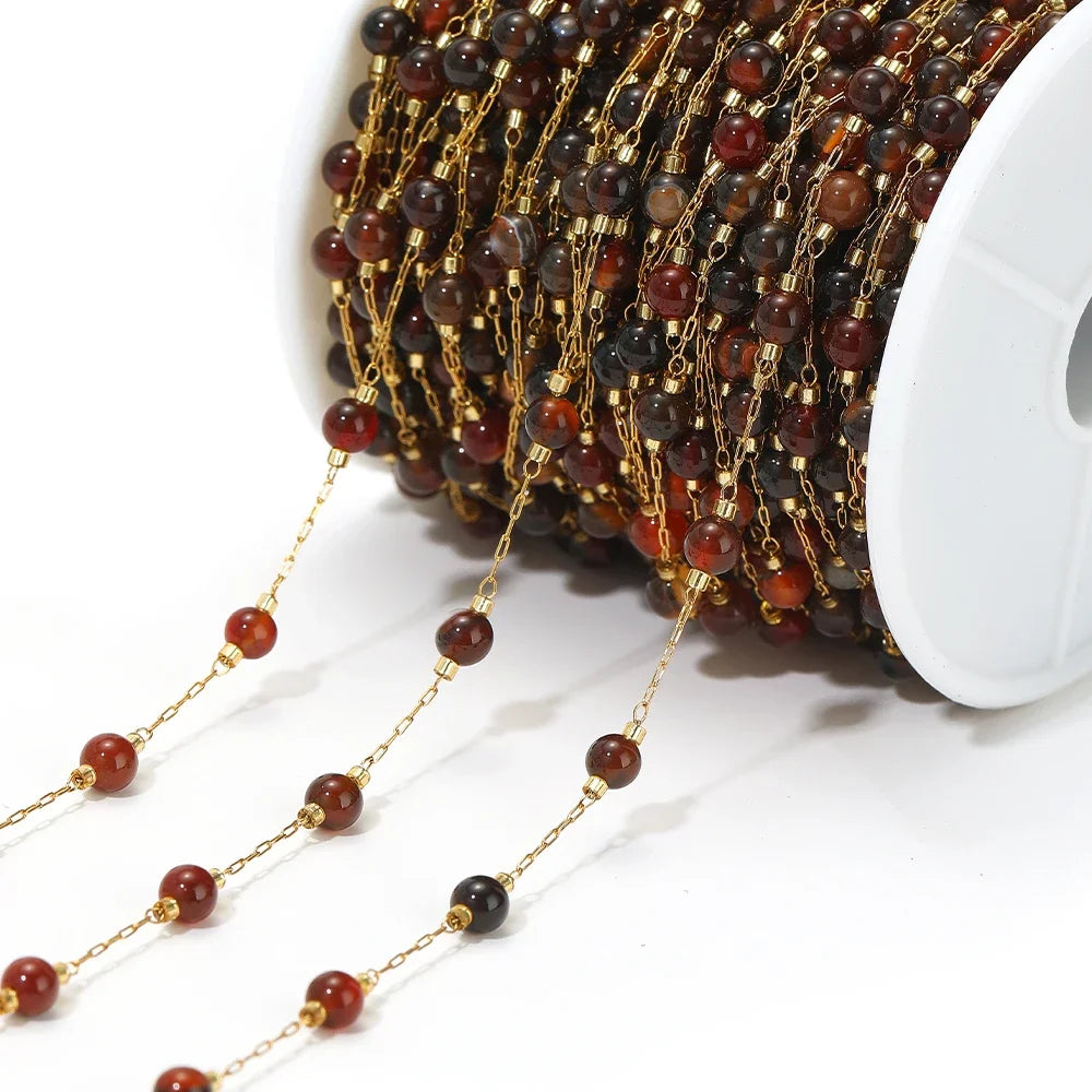 Stainless steel bead chain with gold-tone links and brown bead drops for bracelet making