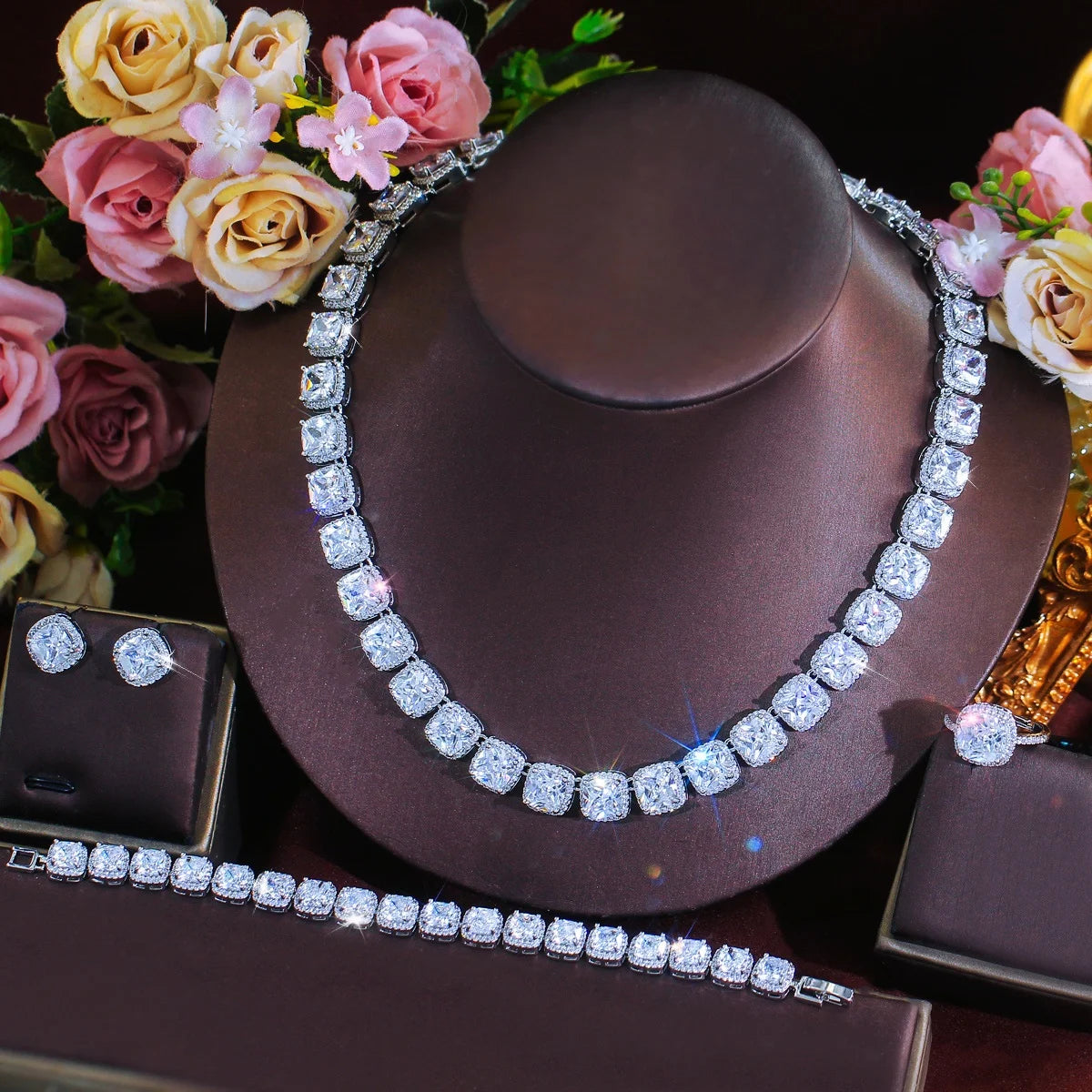 Clear CZ necklace and tennis bracelet with stud earrings, silver-tone jewelry set display