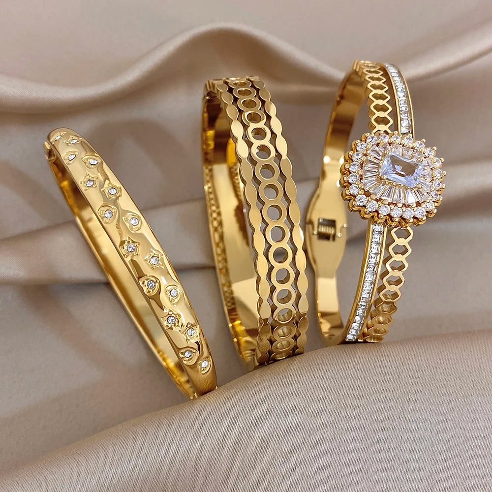 Glossy Gold Plated Cuff Bangle Bracelets for Women Exaggerated Zircon Geometric Stackable Wide Bracelet Waterproof Jewelry