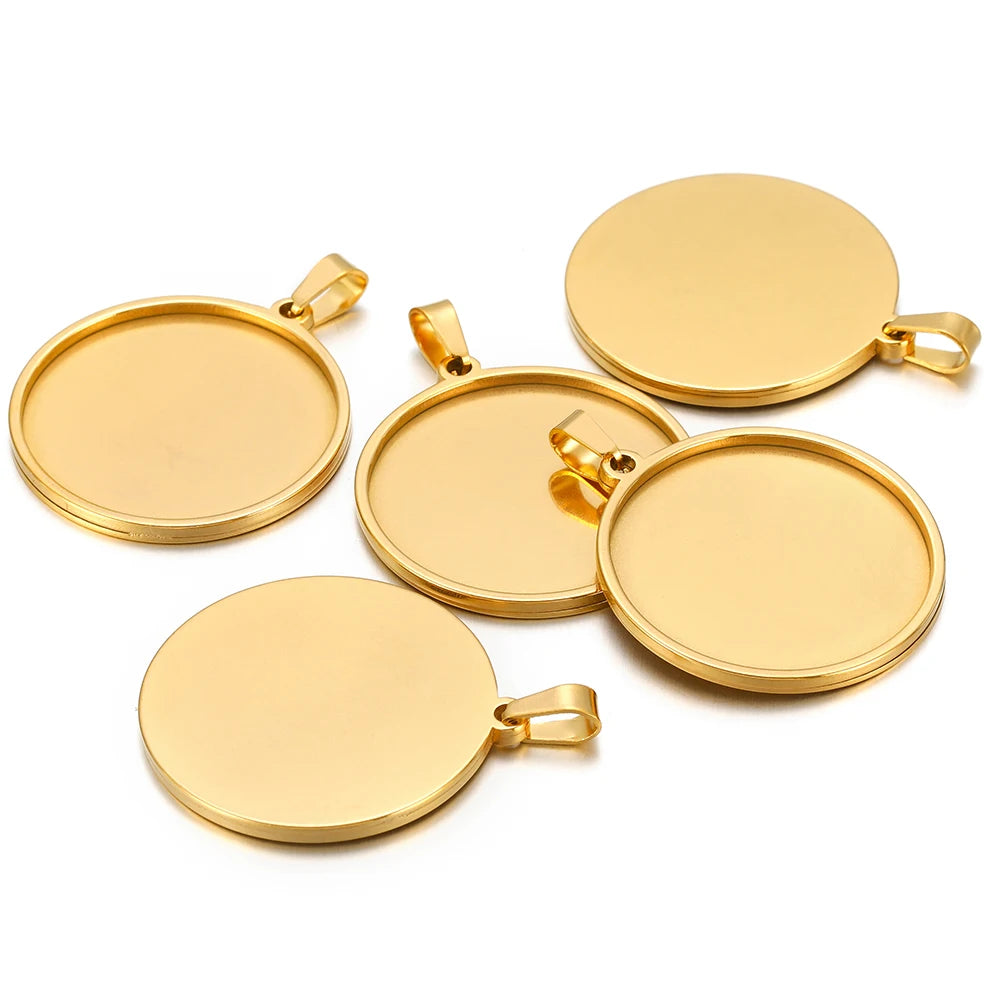 Gold-tone round cabochon blank bezel bases with clamp bails, assorted pieces