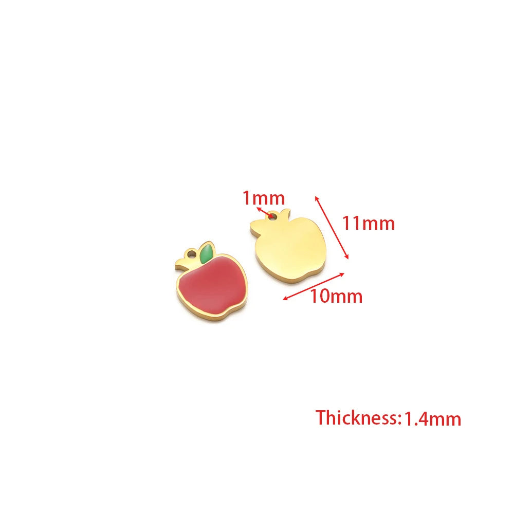 Red apple charm with green enamel leaf and yellow fruit charm with gold loop