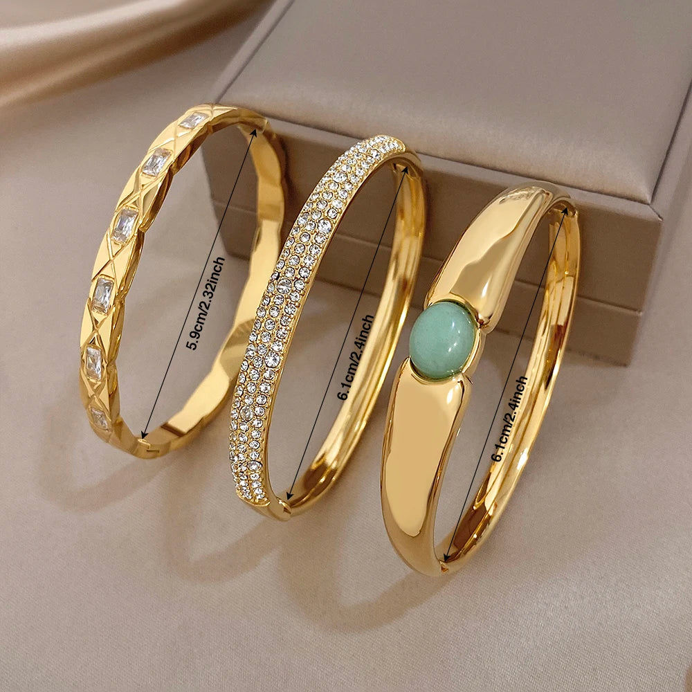 Vintage Gold Plated Stainless Steel Cuff Bangle for Women Men Glossy Geometric Zircon Wide Bracelets Waterproof Jewelry