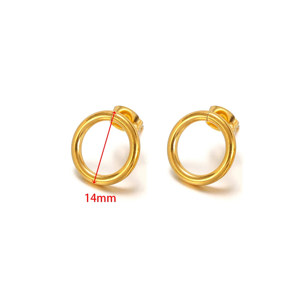 Gold round hollow stud earrings, 14mm circular hoops with stud posts