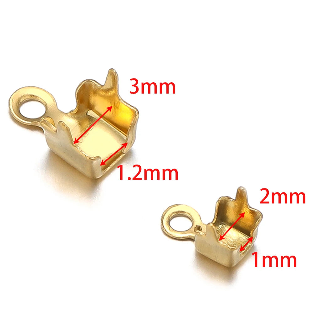 Gold cord end crimp clasp tips with size markings: 3mm by 1.2mm and 2mm