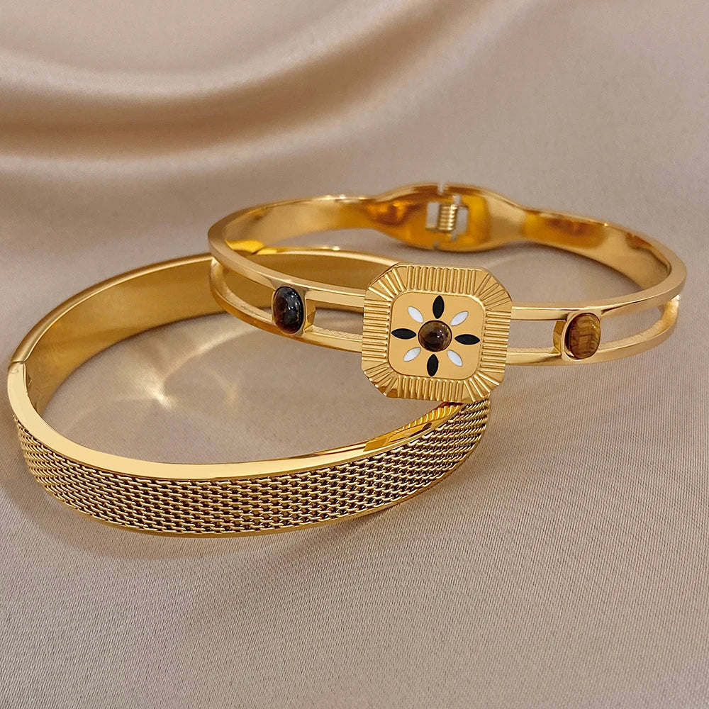 Vintage Natural Stone Geometric Mesh Bracelet for Women Geometric Gold Plated Stainless Steel Cuff Bangles Waterproof Jewelry