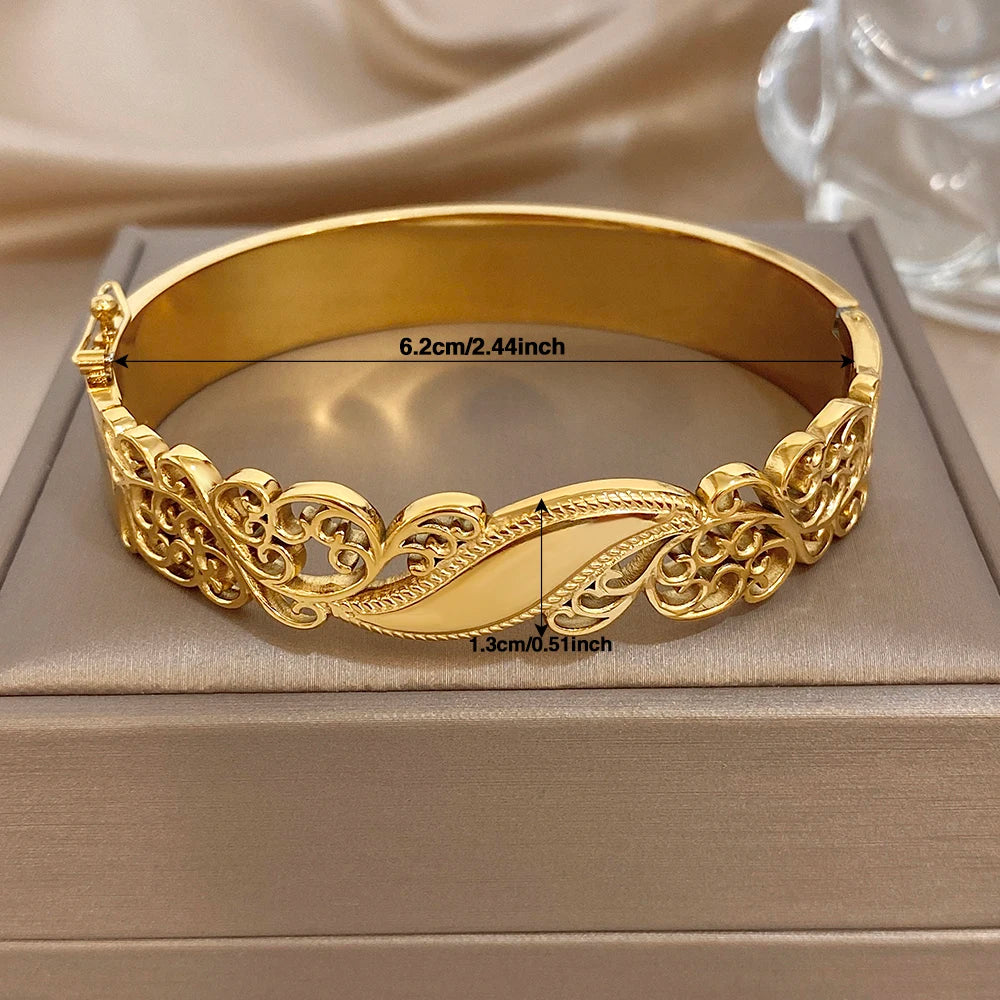 Vintage Gold Plated Stainless Steel Cuff Bangle Exquisite Hollow Flower Textured Smooth Leaves Wide Bracelets Waterproof Jewelry