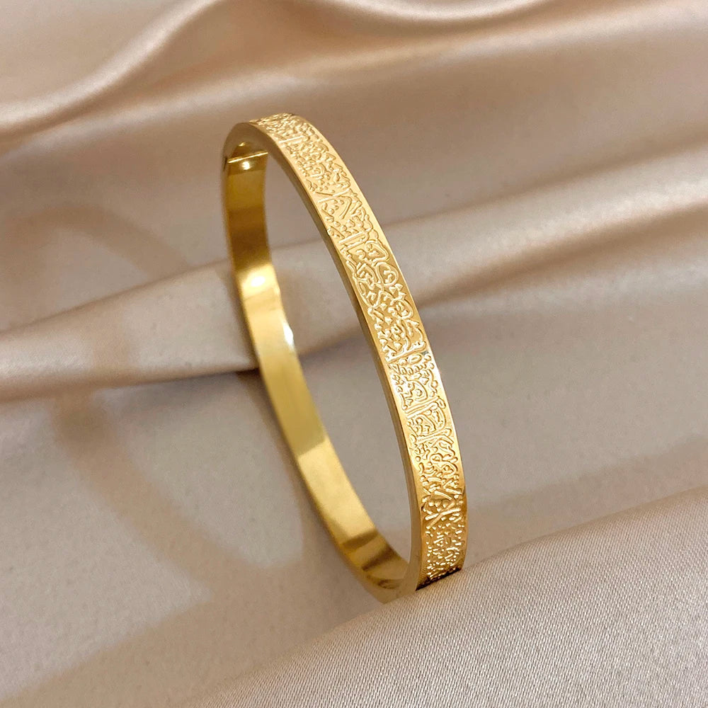 Retro Gold Plated Stainless Steel Cuff Bangle for Women Unique Zircon Geometric Textured Stackable Bracelets Waterproof Jewelry