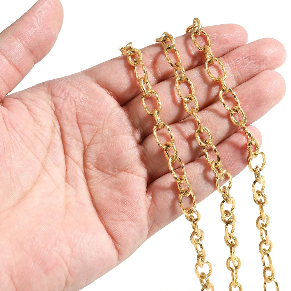 Gold rolo cable chain draped over an open hand, oval links
