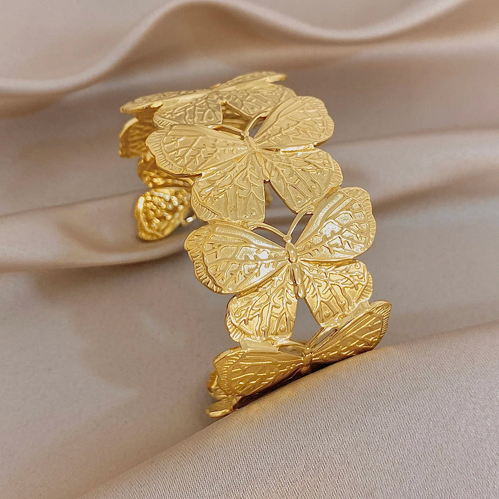 Irregular Hammered Geometric Butterfly Stainless Steel Cuff Bangle Exaggerated Gold Plated Wide Bracelets Waterproof Jewelry Set