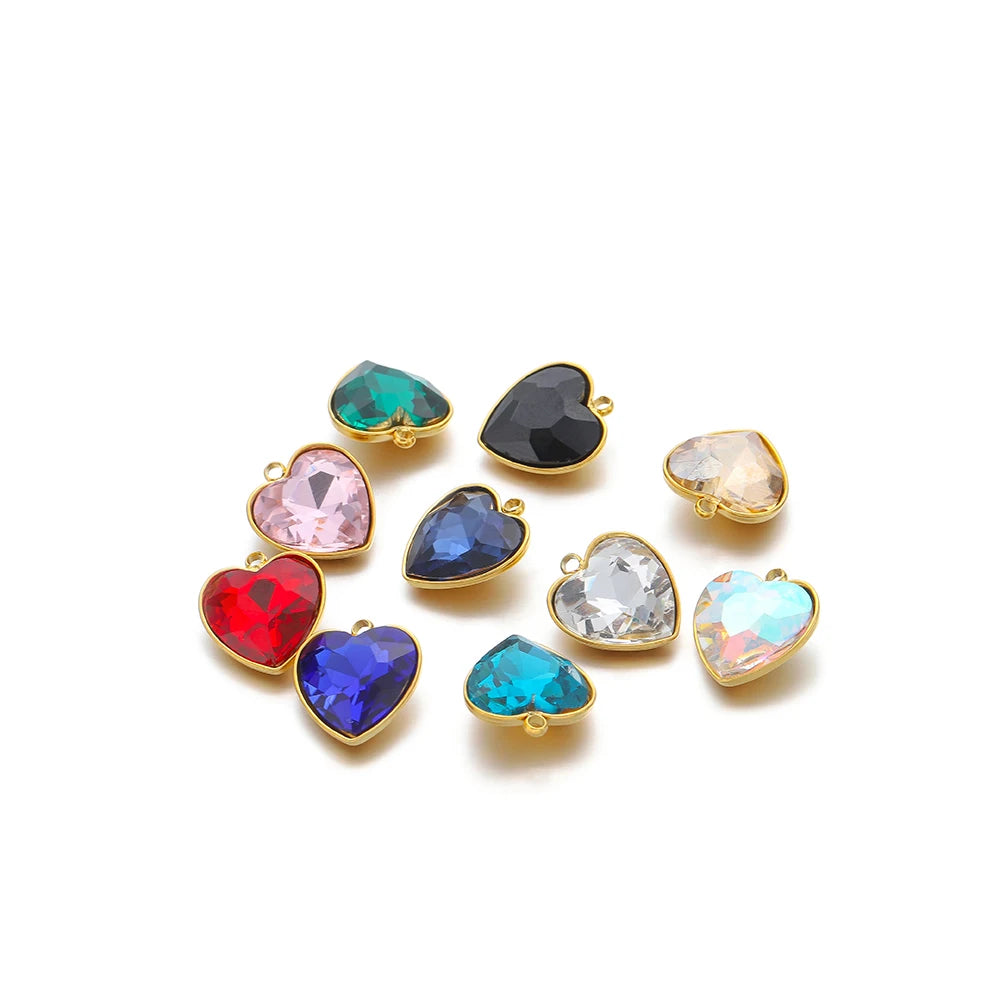 Heart crystal charm pendants set, gold-tone with teal, black, pink, blue, red, and clear stones