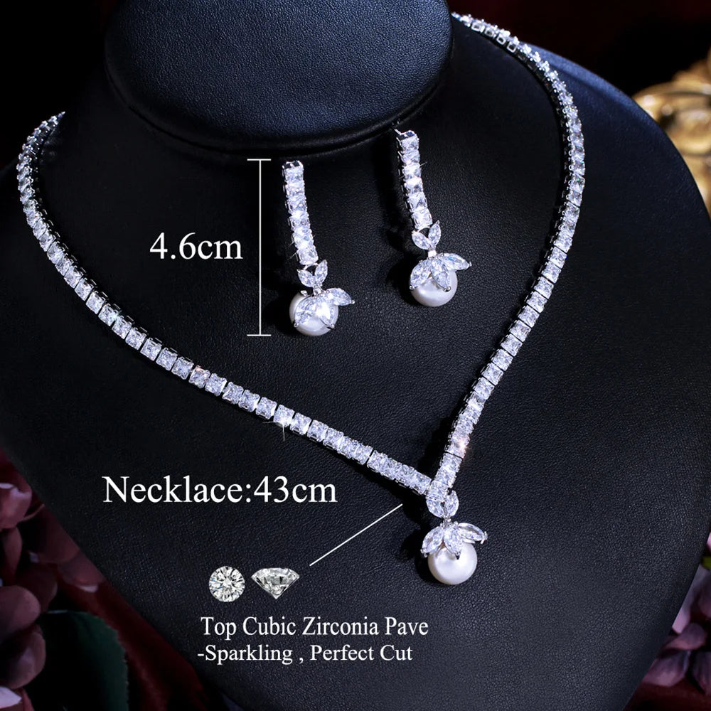 Shiny Cubic Zircon Pearl Necklace Earrings Costume Jewelry Sets for Women Party Bridal Wedding