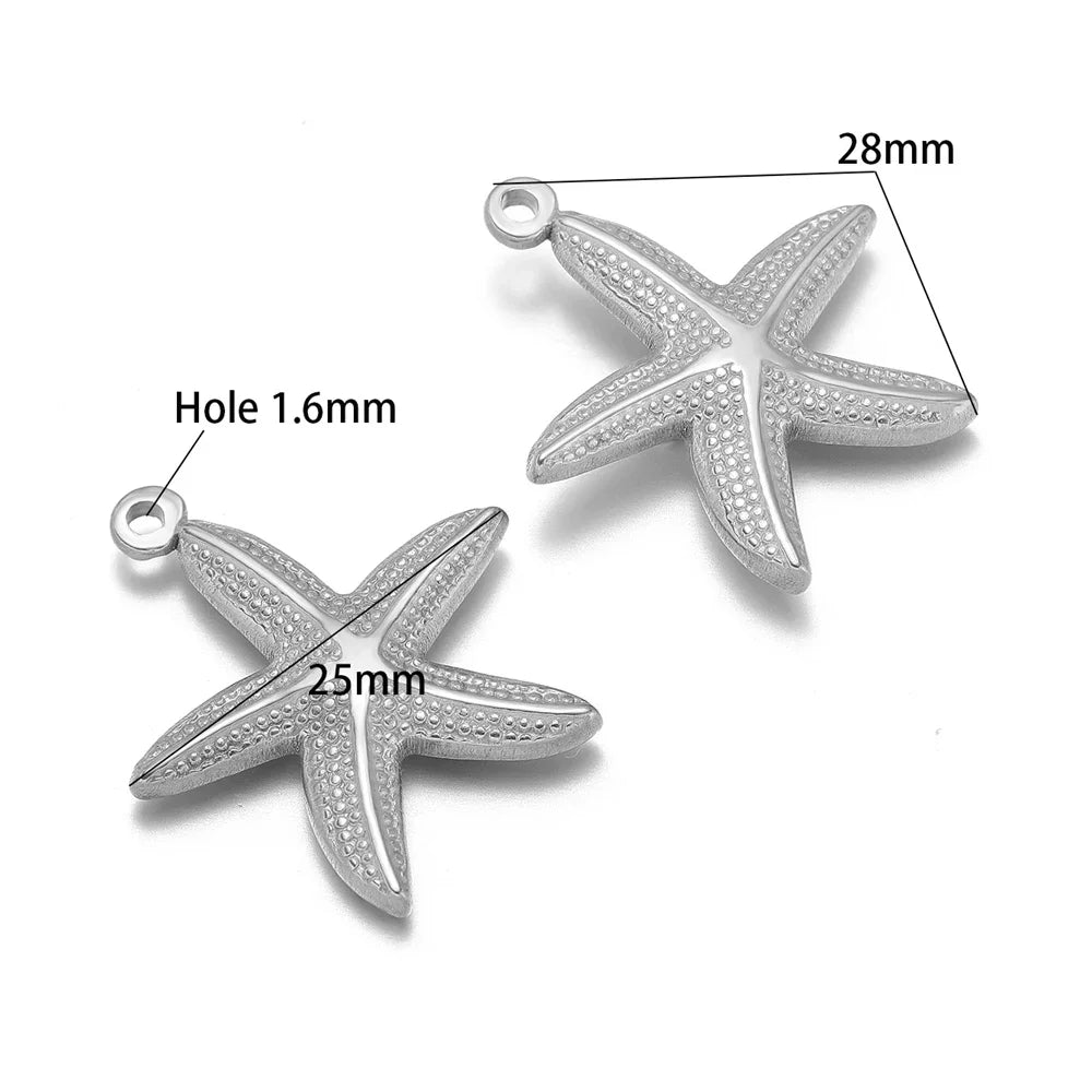 Silver starfish pendant charms with top loop; two glittery starfish designs