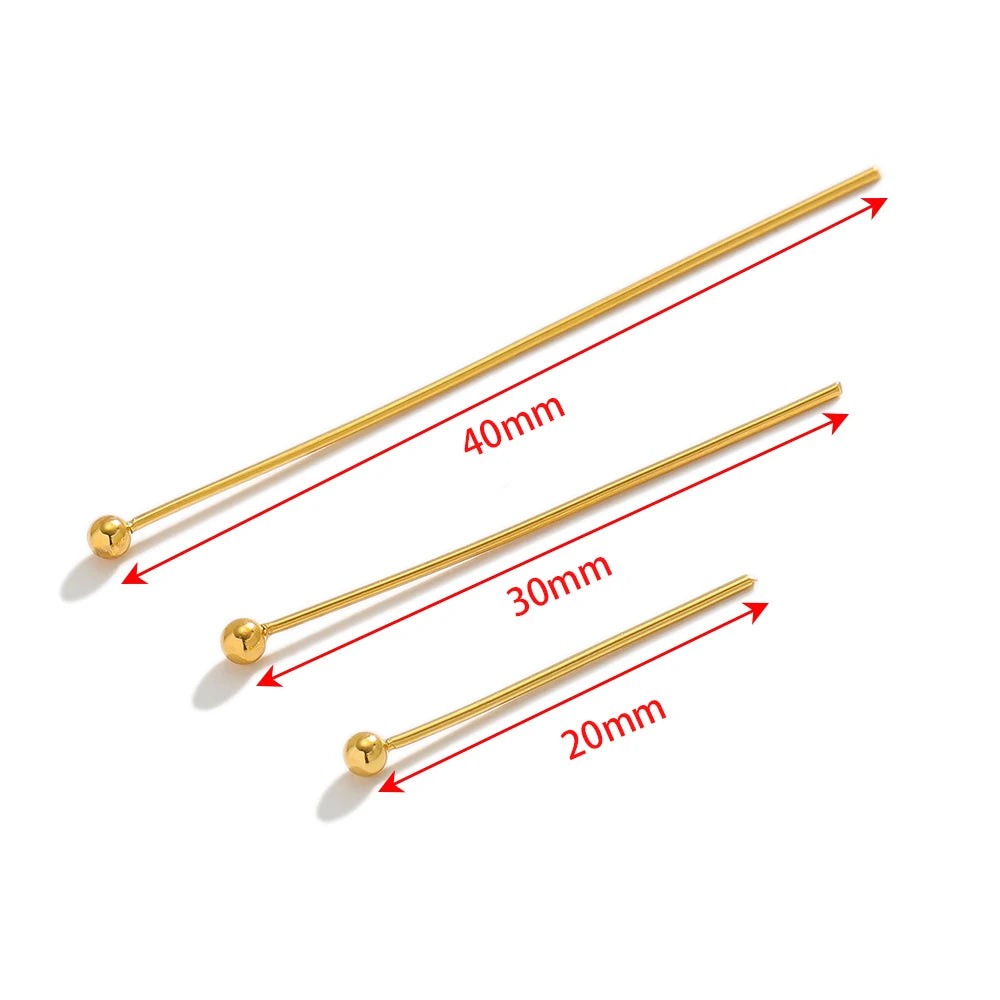 Gold ball head pins shown in 20mm, 30mm, and 40mm lengths with round ends