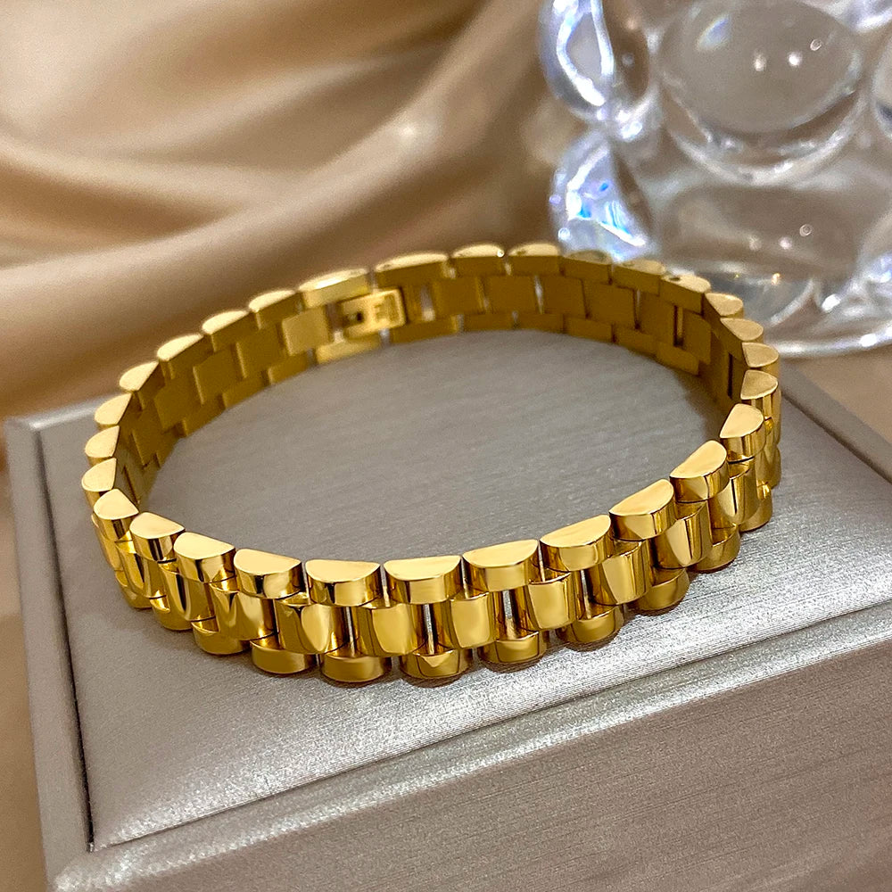 Classic Belt Buckle Stainless Steel Bracelet for Women Men Chunky Gold Silver Color Watch Band Bangles Waterproof Jewelry