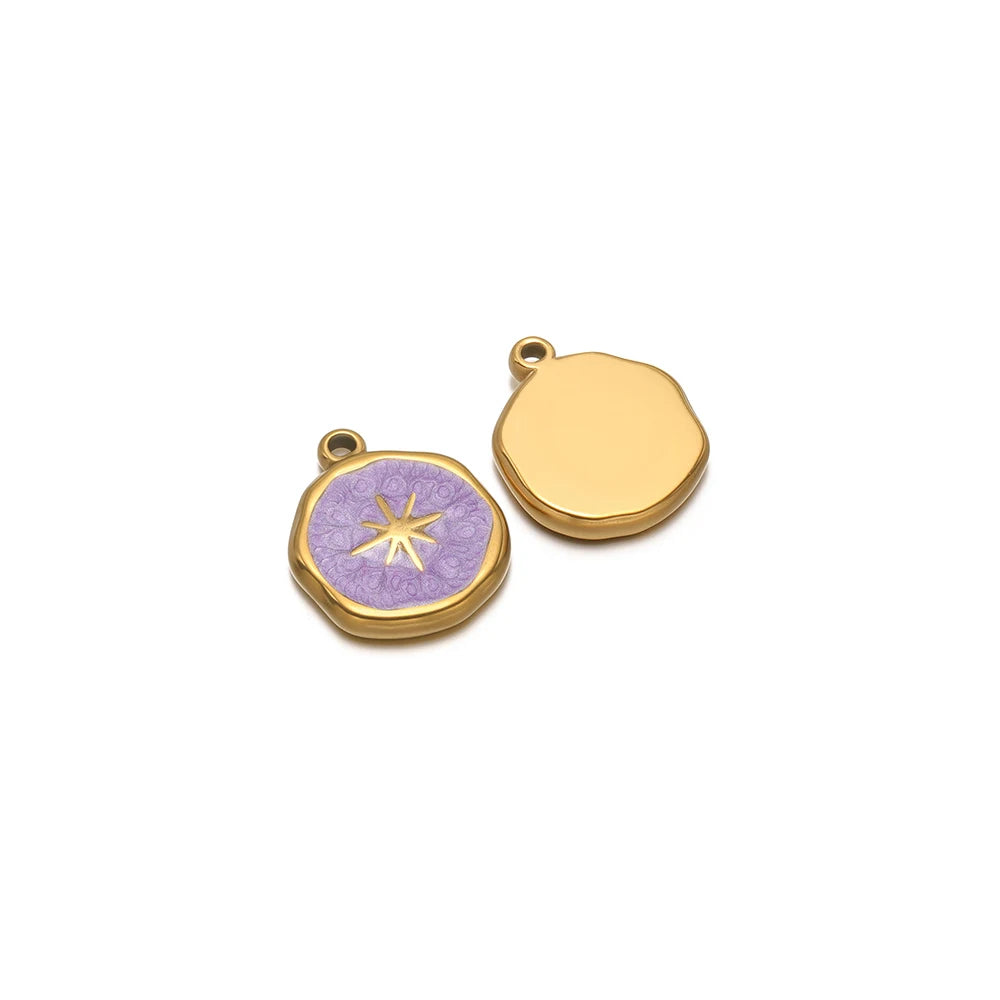 Gold-tone round charm with purple star enamel, plus blank gold-tone round charm