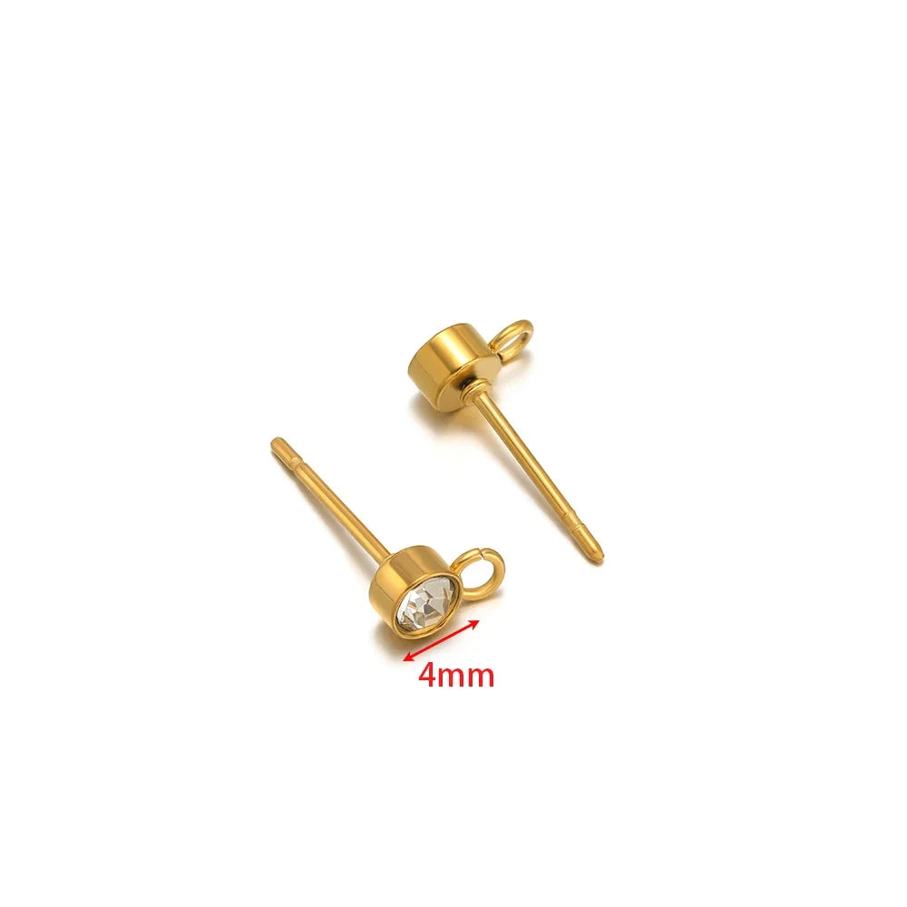 Gold zircon stud earring posts with loop hook, 4mm round stones, pair