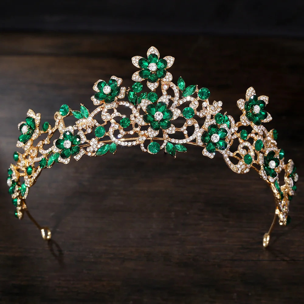 Rhinestone floral tiara with green crystal flowers and gold-tone scrollwork