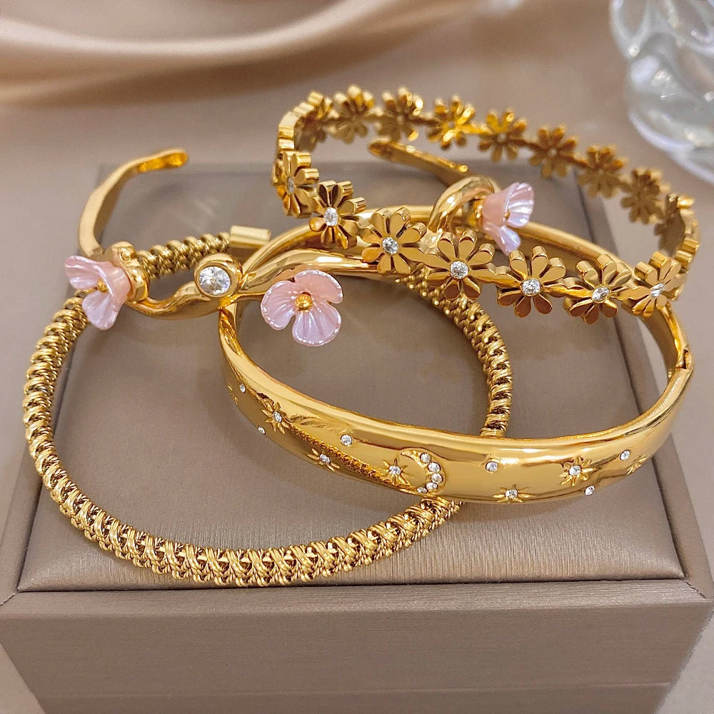 Delicate Zircon Flower Cuff Bangle Bracelets for Women Glossy Gold Plated Stainless Steel Wristband Bracelet Waterproof Jewelry