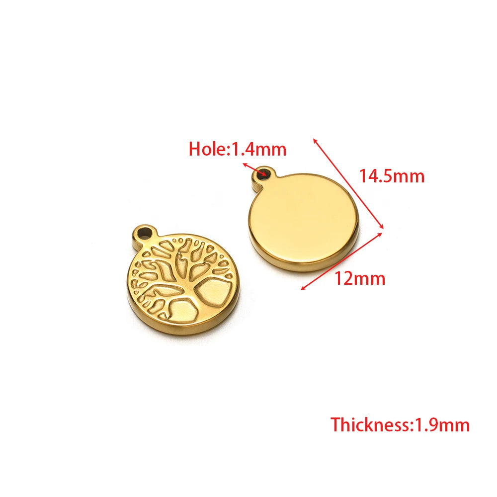 Stainless steel tree and teardrop charms with jump ring holes, gold-tone pair