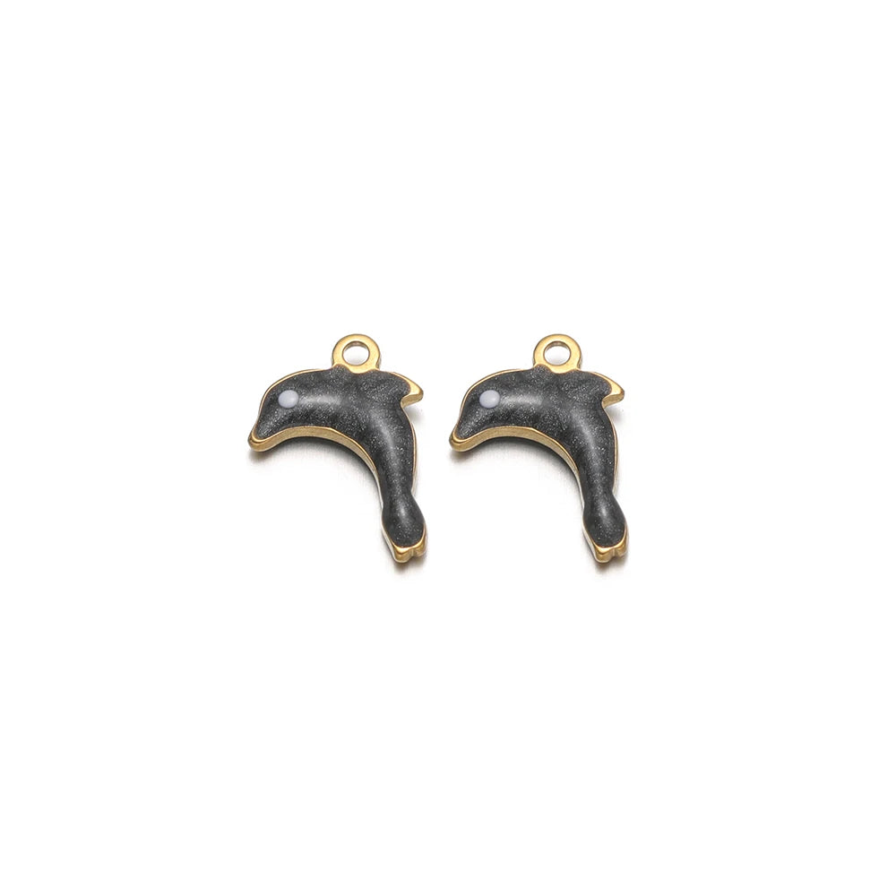 Pair of black enamel dolphin charms with gold-tone loop and black eye details