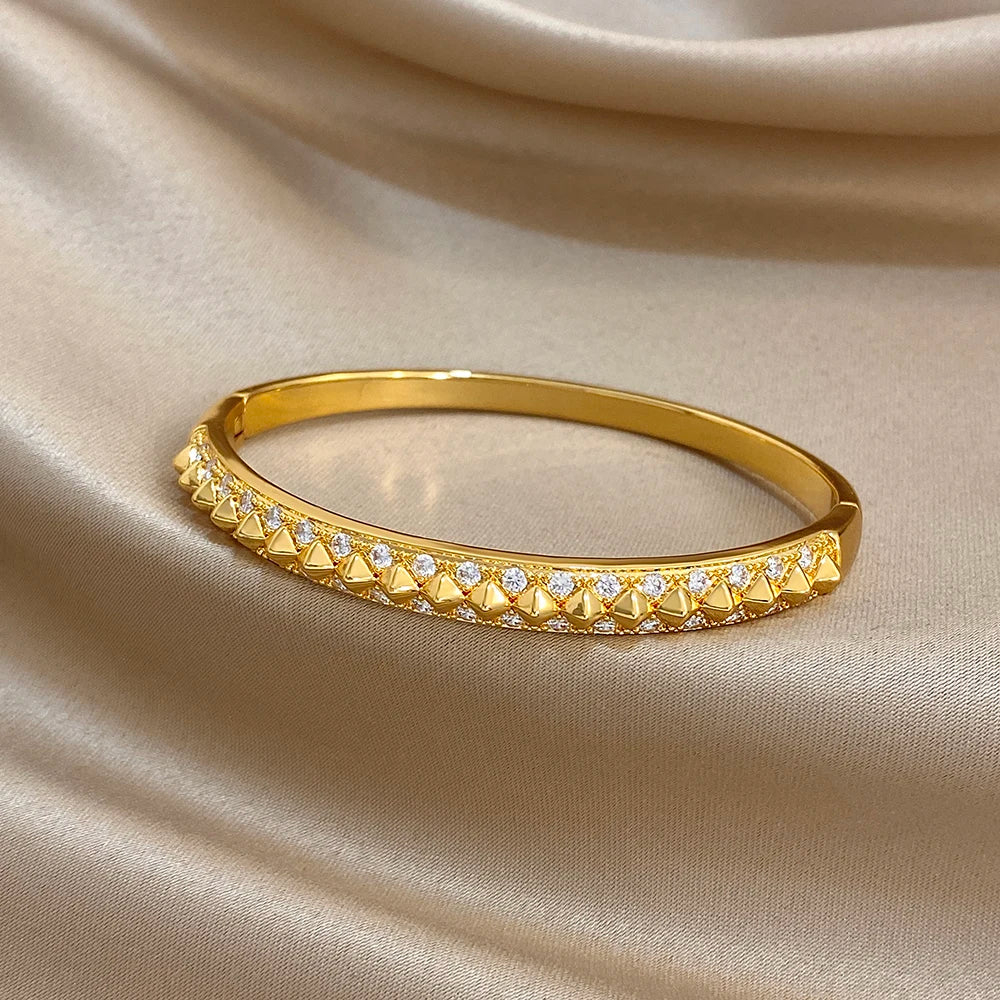 Gold-plated geometric zirconia rivet cuff bangle, slim bracelet with studded stones