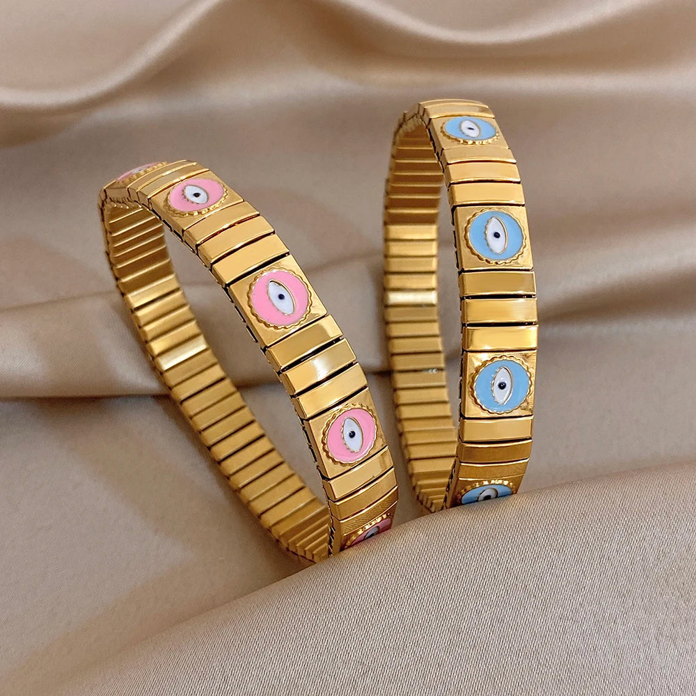 Chunky Gold Plated Stainless Steel Watch Band Bracelet Colorful Enamel Round Evil Eye Wide Bangle Bracelets Waterproof Jewelry