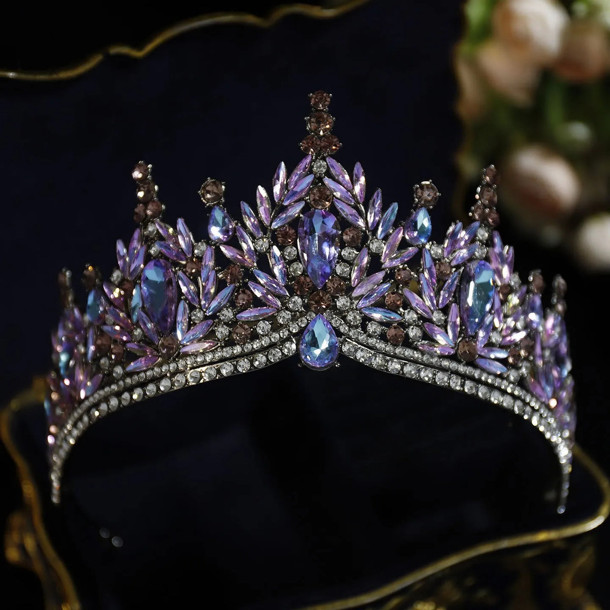 Rhinestone crystal tiara with purple-blue marquise stones and silver-tone band