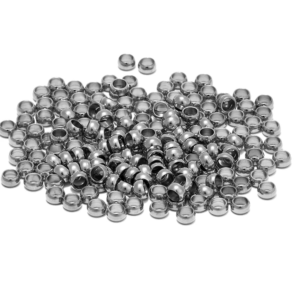 Silver-tone stainless spacer bead stoppers with open rings, round crimp ends