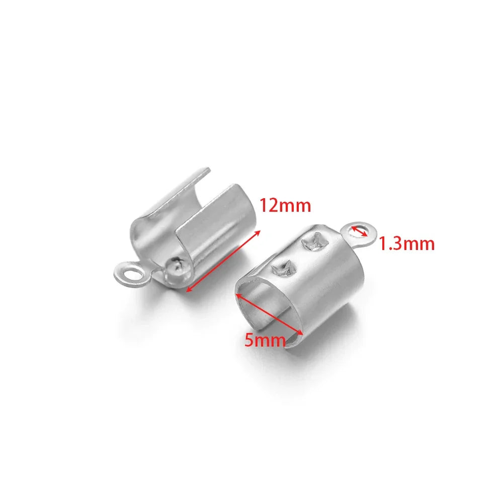 Silver stainless crimp end bead cap with loop, 12mm length, 5mm size, 1.3mm hole