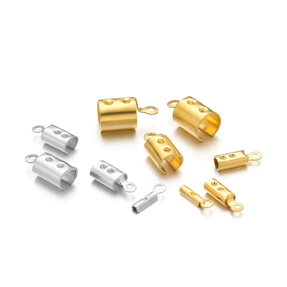 Crimp end bead caps, gold and silver metal tubes with side loops and crimp holes.