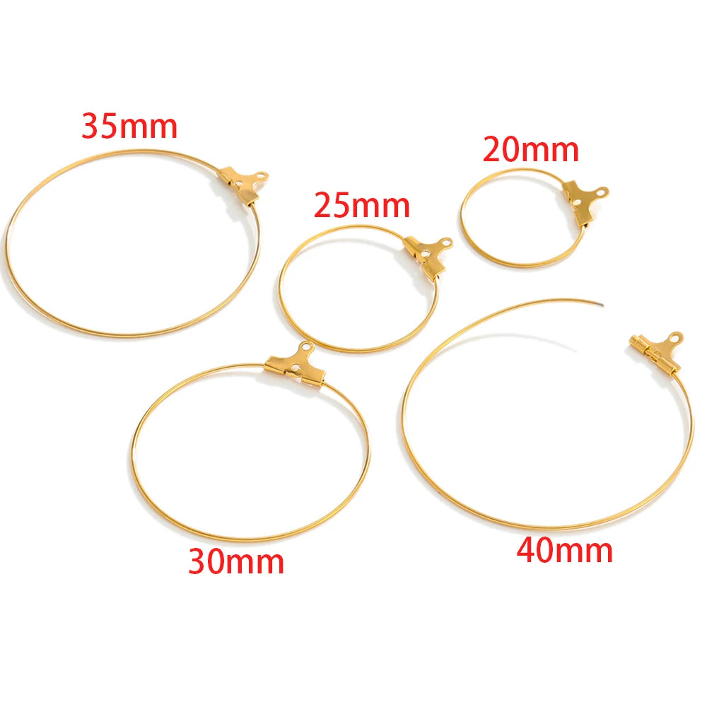 Gold hoop earring findings set with clasp hooks, sizes 20–40mm marked