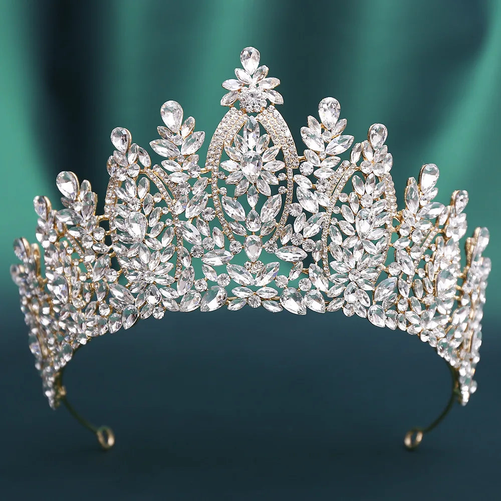 Sparkling clear rhinestone tiara with floral arch and gold-tone accents