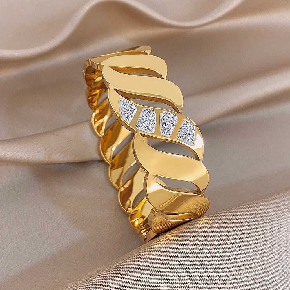 Luxury Rhinestone Stainless Steel Cuff Bracelet for Women Trendy Zircon Geometric Gold Color Wide Bangles Waterproof Jewelry Set