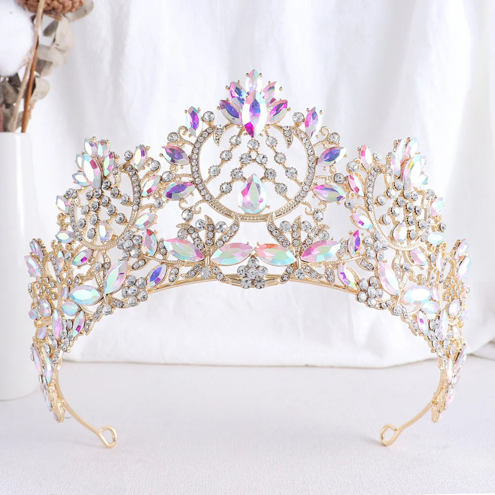 Gold Color Champagne Crystal Pageant Crowns for Women Queen Diadem Bridal Tiaras Large Headpiece Wedding Hair Accessories