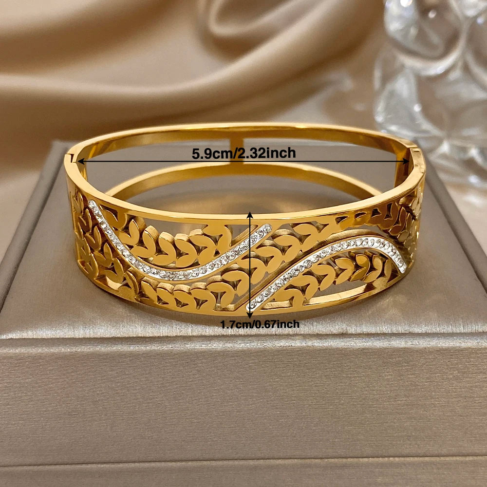 Exquisite Zirconia Wheat Wrist Bracelet for Women Trendy Gold Plated Stainless Steel Cuff Bangle Bracelets Waterproof Jewelry