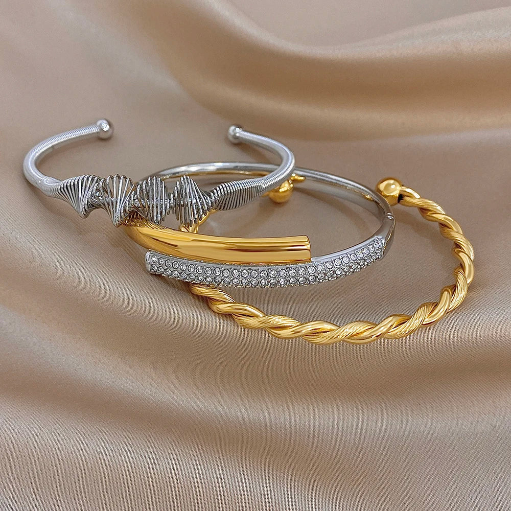 Trendy Gold Silver Color Stainless Steel Cuff Bangle for Women Unique Geometric Spiral Chunky Bracelets Waterproof Jewelry